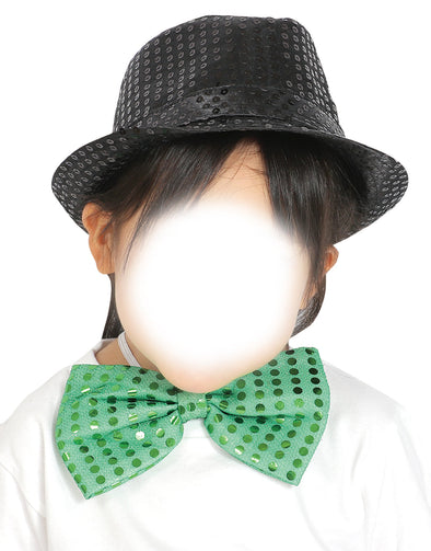 Costume set (glitter butterfly neck tie green, glitter hat black)01