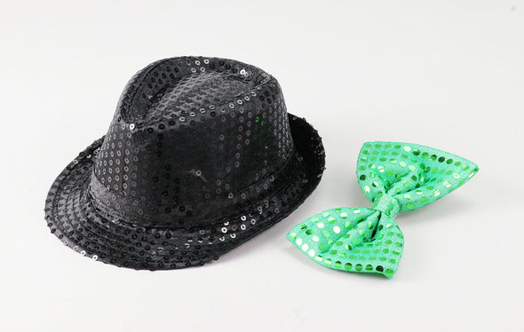 Costume set (glitter butterfly neck tie green, glitter hat black)02