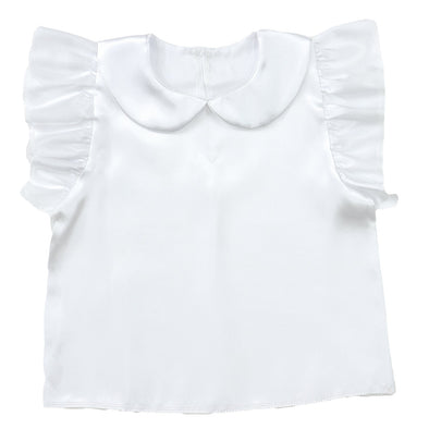 Soft satin frilled shirt with round collar white01