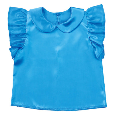 Soft satin frilled shirt with round collar, blue01