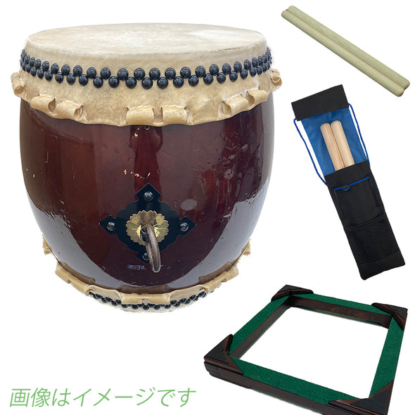 [Used]  1 shaku 5sun NAGADO drum, square stand, bachi, bachi holder set used05-brown_height53